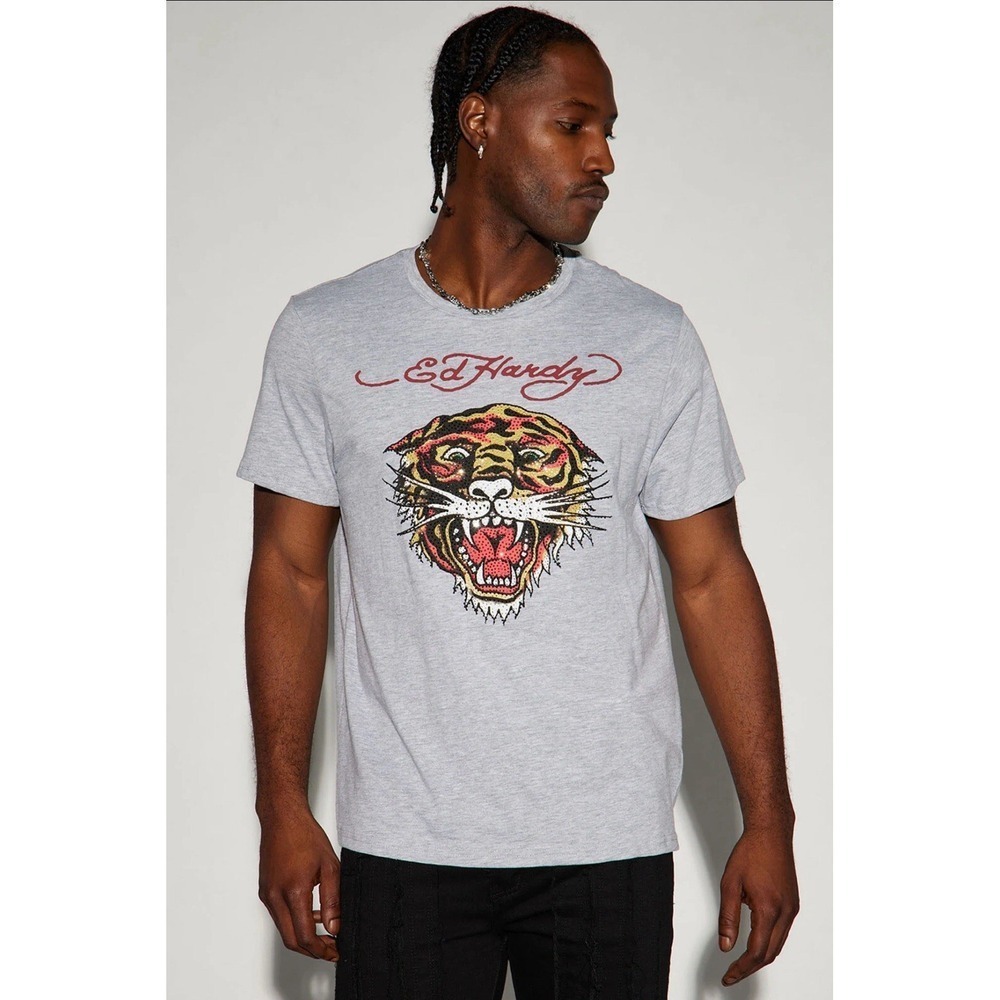 ED HARDY Rhinestone Retro Tiger Graphic T-Shirt Gray Men's Size XL *NEW* $85